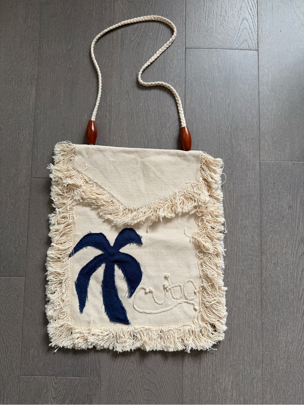 Fringed Canvas Palm Tree Crossbody Bag in Natural & Navy Cuba
